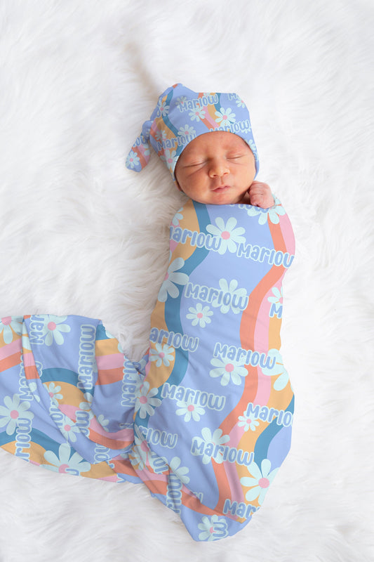 Personalized Groovy Floral Swaddle Hat or Bow Set