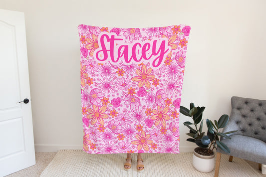 Personalized Pink Floral Blanket