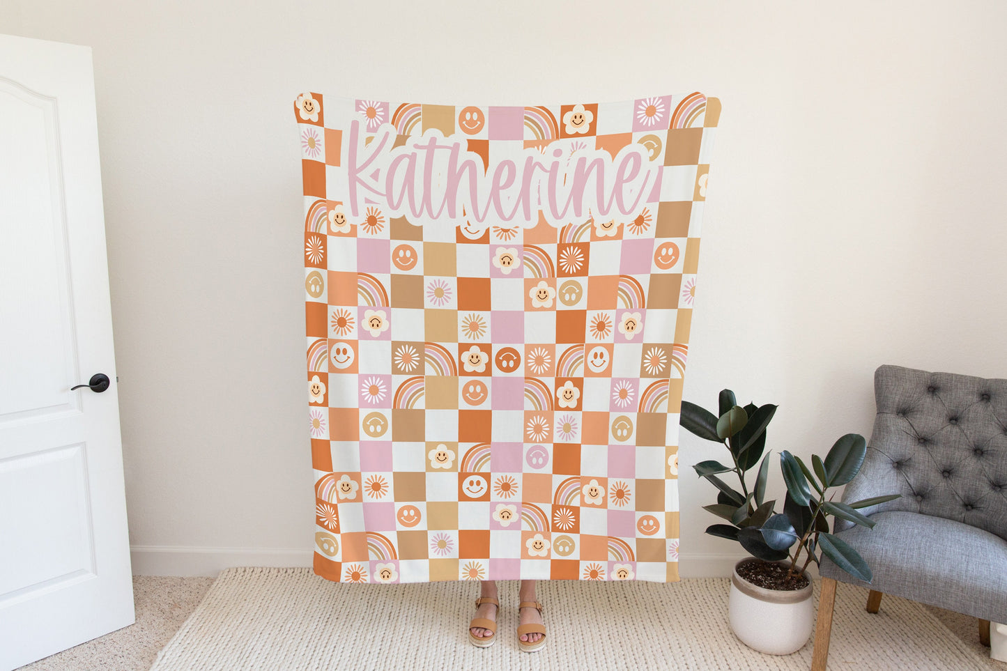 Personalized Orange Groovy Checkered Blanket