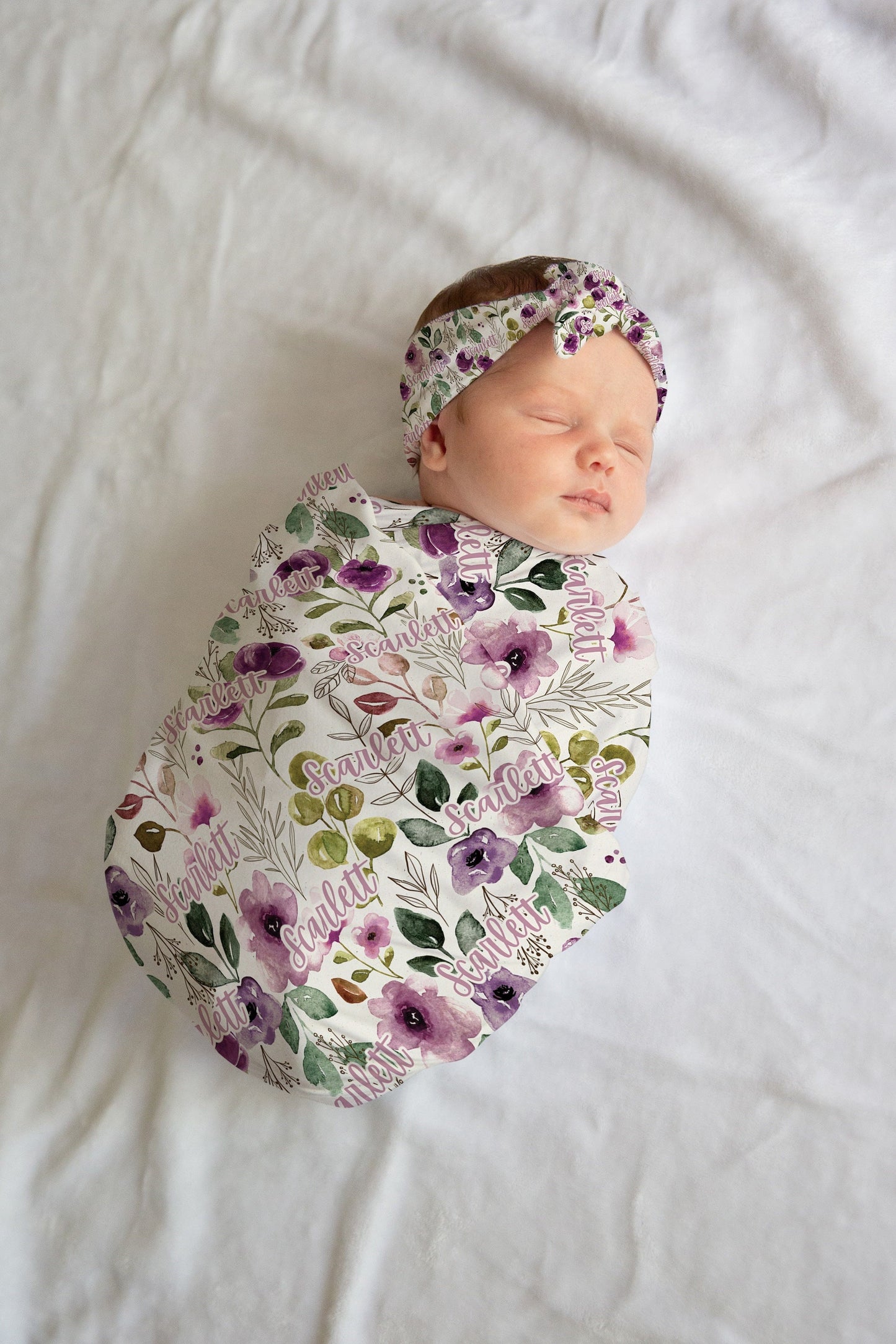 Personalized Floral Swaddle and Bow / Hat Set Newborn