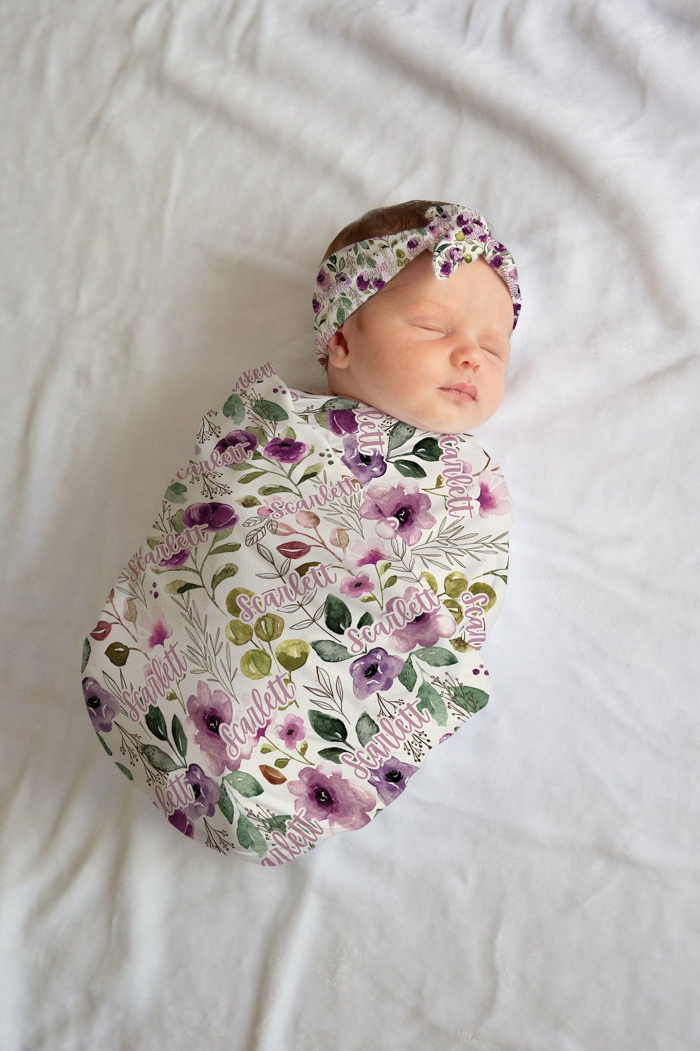 Personalized Floral Swaddle and Bow / Hat Set Newborn