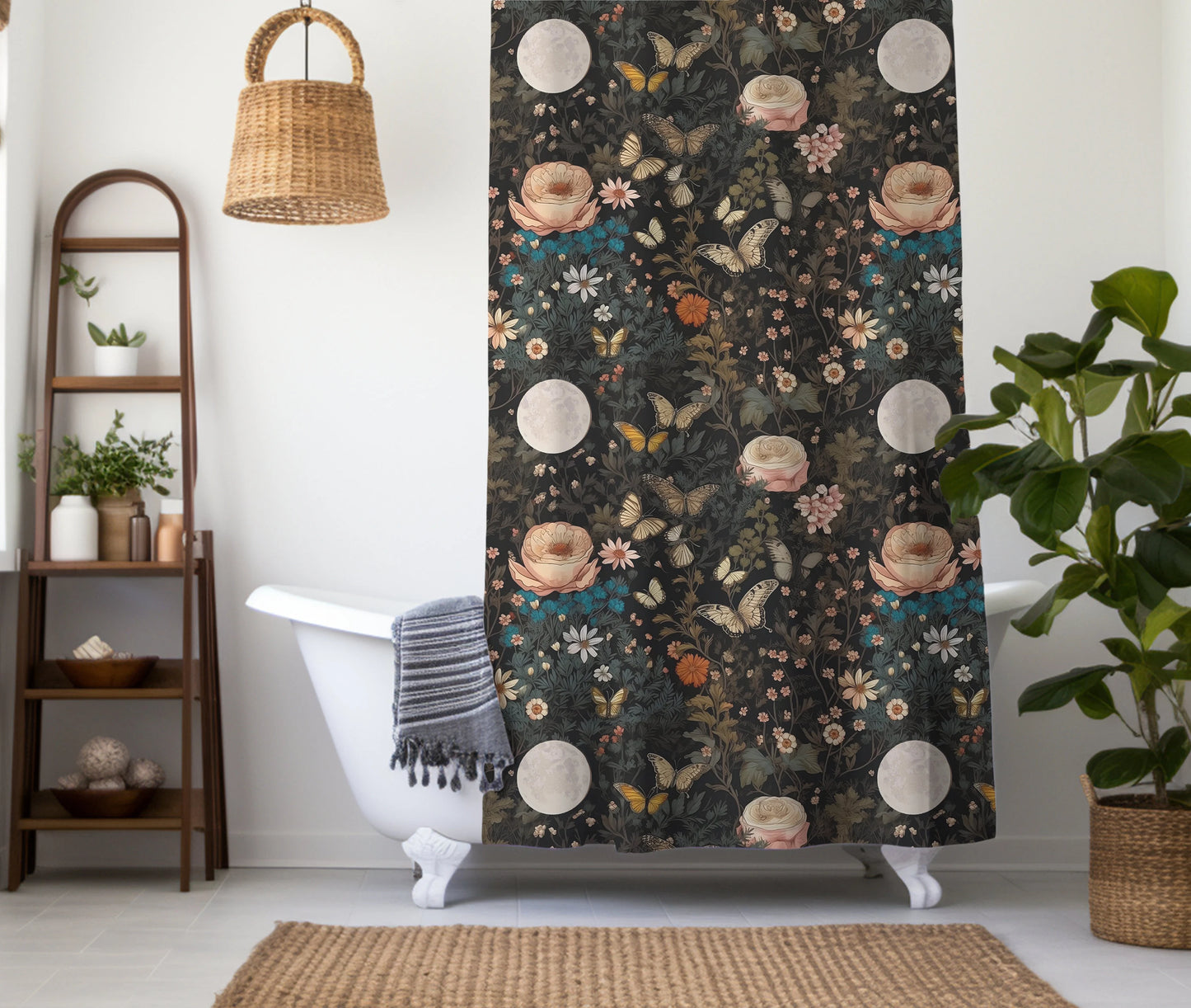 Dark Cottagecore Black Botanical Shower Curtain