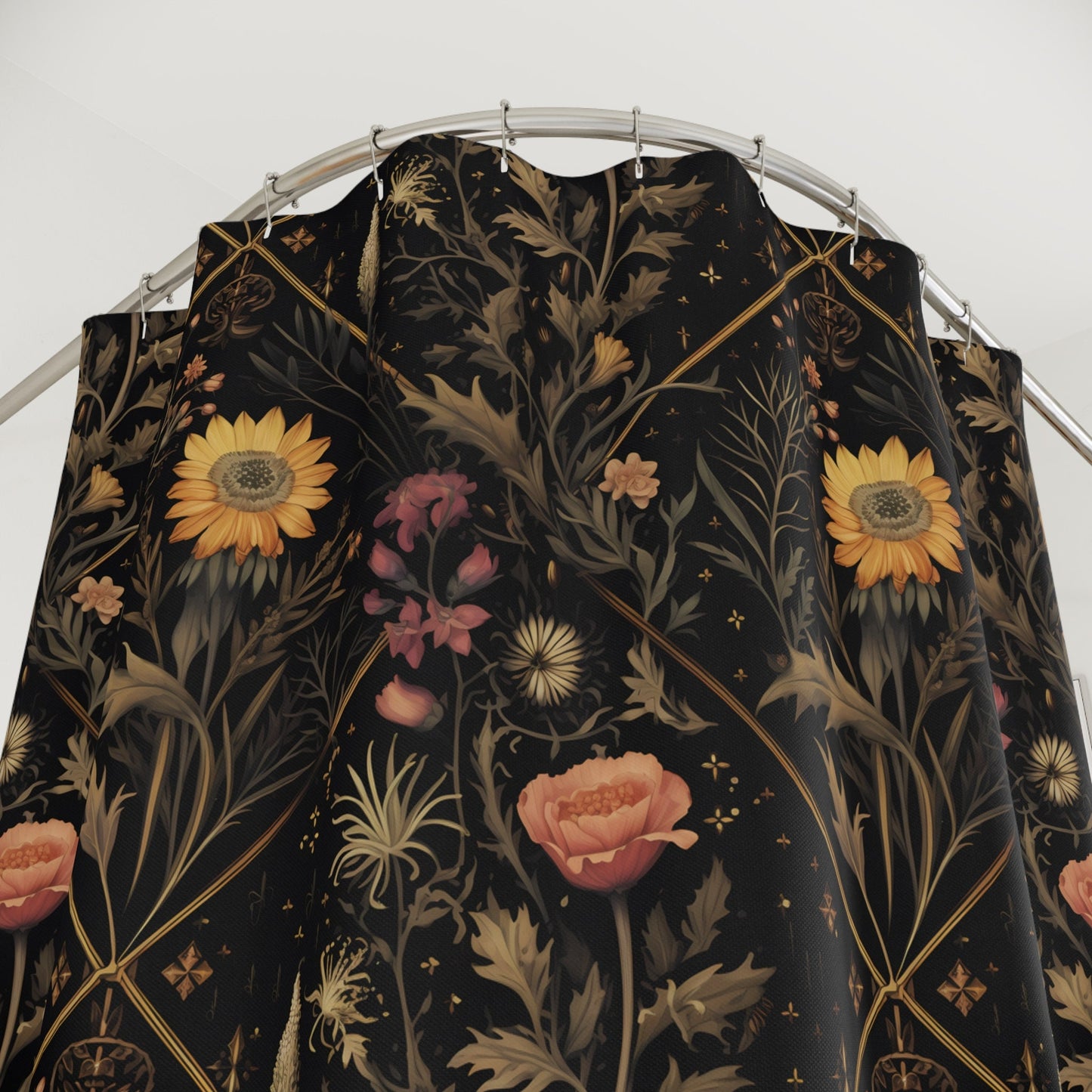 Moody Black Botanical Shower Curtain, Dark Academia Cottagecore, Vintage Apothecary Herbs & Plants Eclectic Maximalist Bathroom Decor