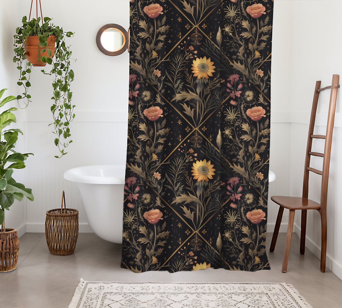 Moody Black Botanical Shower Curtain, Dark Academia Cottagecore, Vintage Apothecary Herbs & Plants Eclectic Maximalist Bathroom Decor
