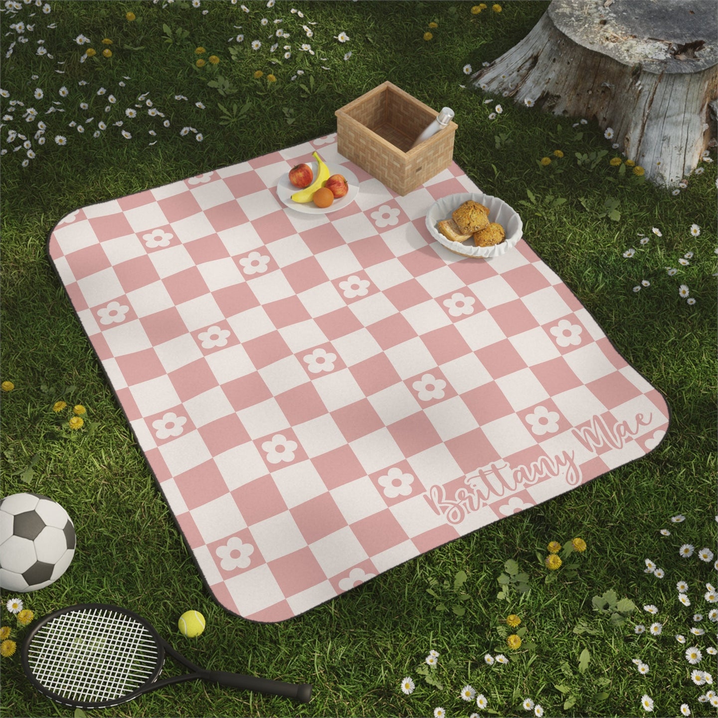 Personalized Blush Pink Checkered Picnic Blanket Waterproof