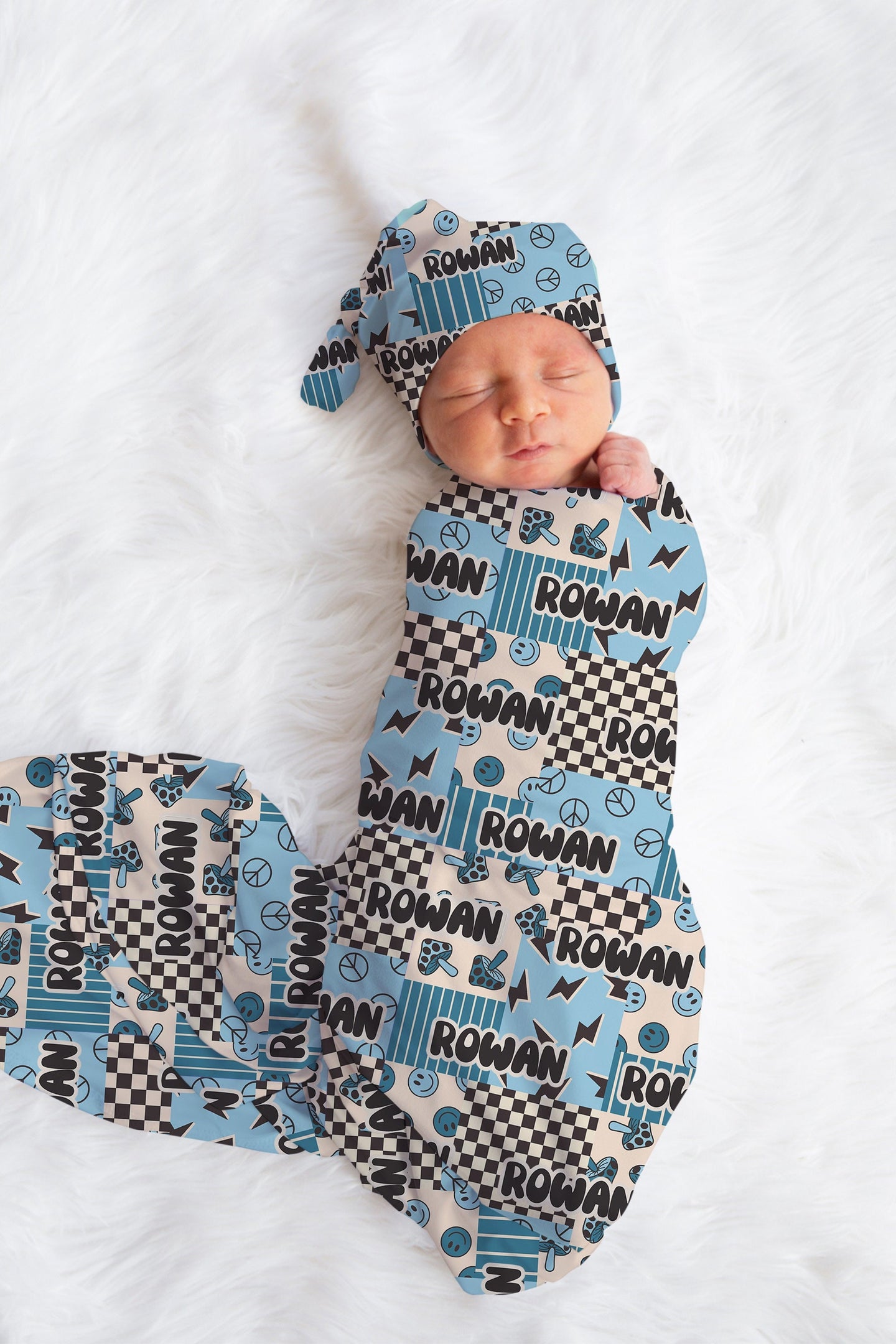 Personalized Boy Swaddle Hat Set Smiley