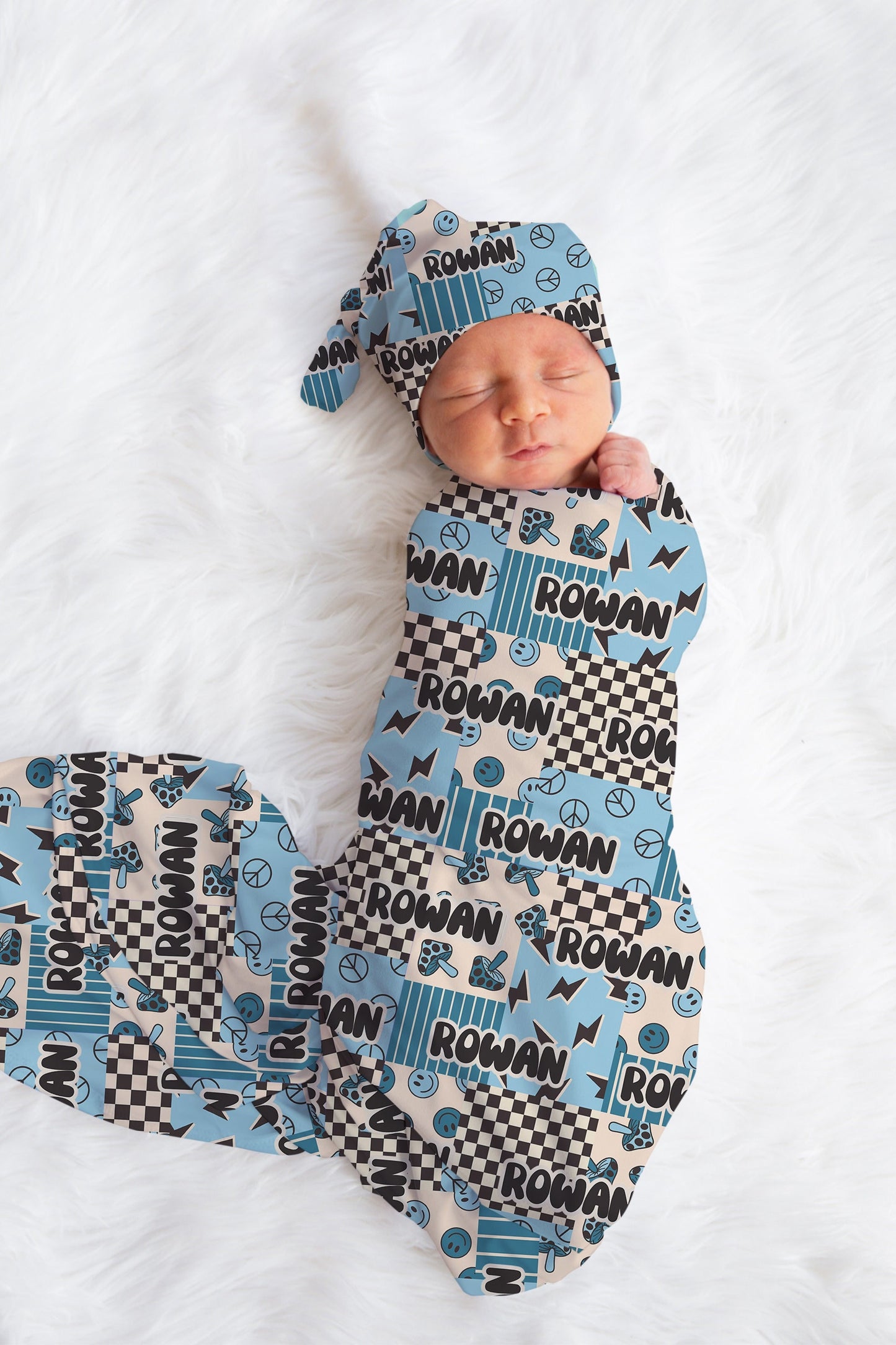 Patchwork Baby Boy Swaddle Blanket Hat Set, smiley swaddle, blue hospital reveal outfit baby boy baby shower gift, receiving blanket boys