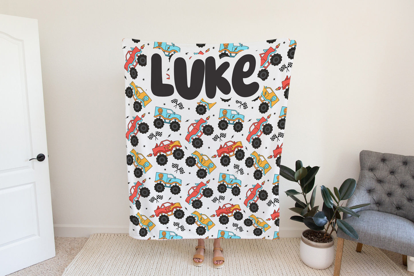 Personalized Blanket for Boys Monster Trucks