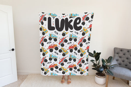 Personalized blanket for boys, truck blanket, race car blanket, birthday gift for him, custom name baby blanket, baby shower gift
