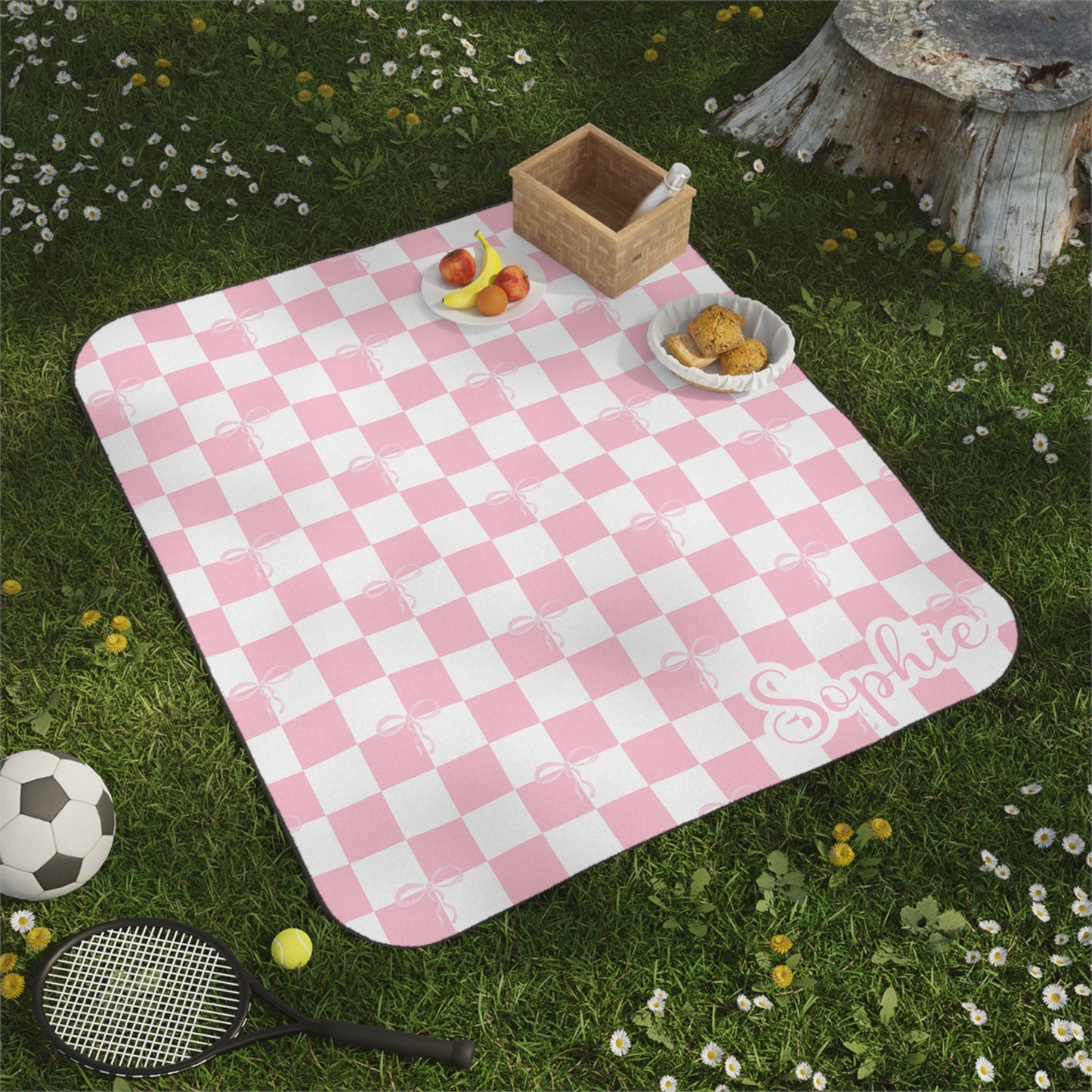 Personalized Pink Coquette Bow Picnic Blanket Waterproof