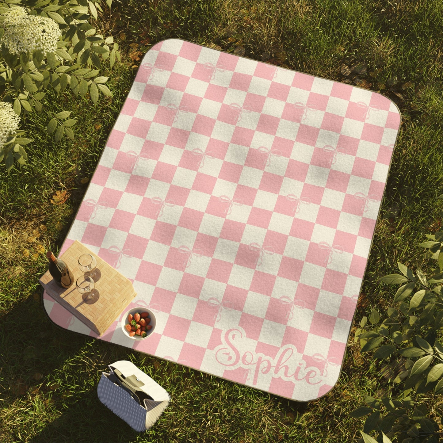 Personalized Pink Coquette Bow Picnic Blanket Waterproof