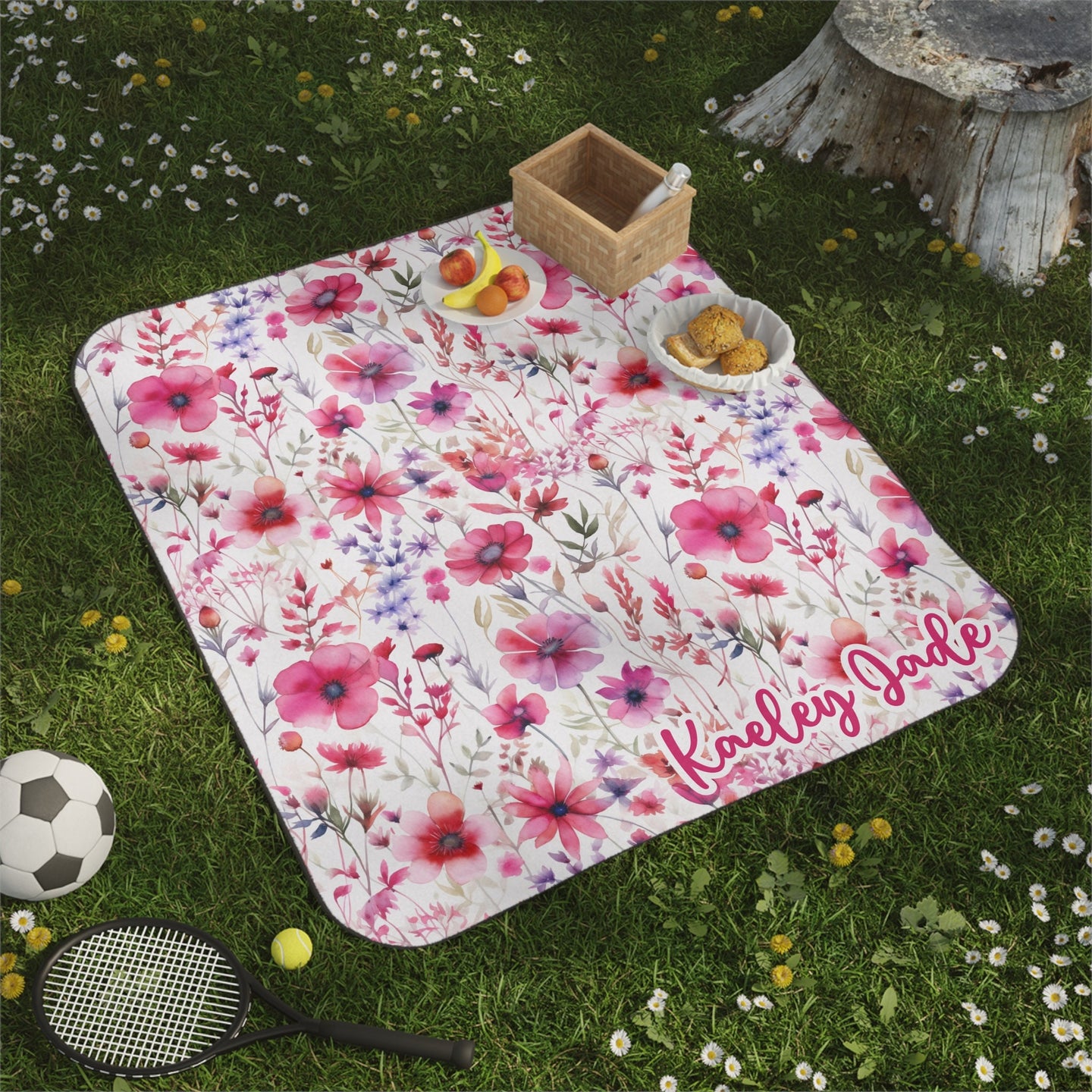 Personalized Pink Floral Picnic Blanket waterproof