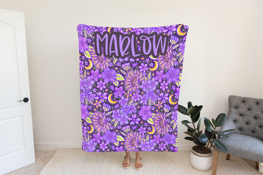 Personalized Purple Floral Blanket