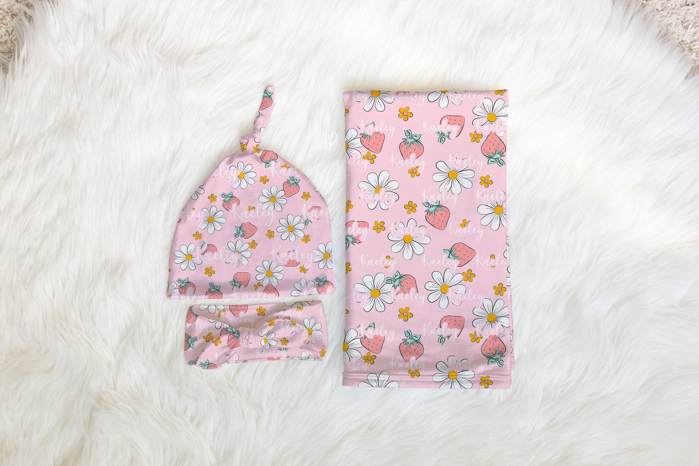 Personalized Strawberry Pink Baby Swaddle Set for newborn