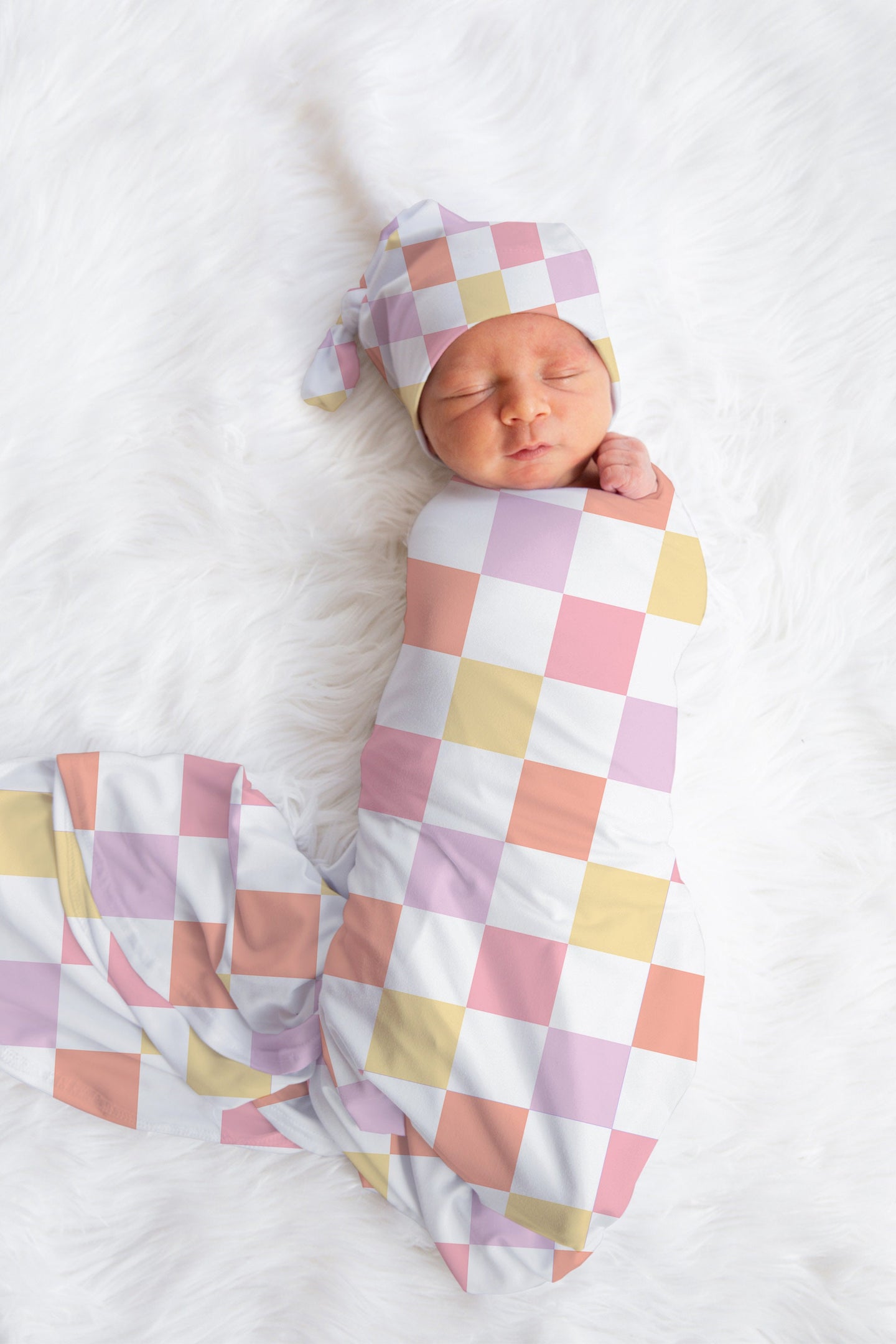 Personalized Pastel Checkered Baby Swaddle Hat Bow Set