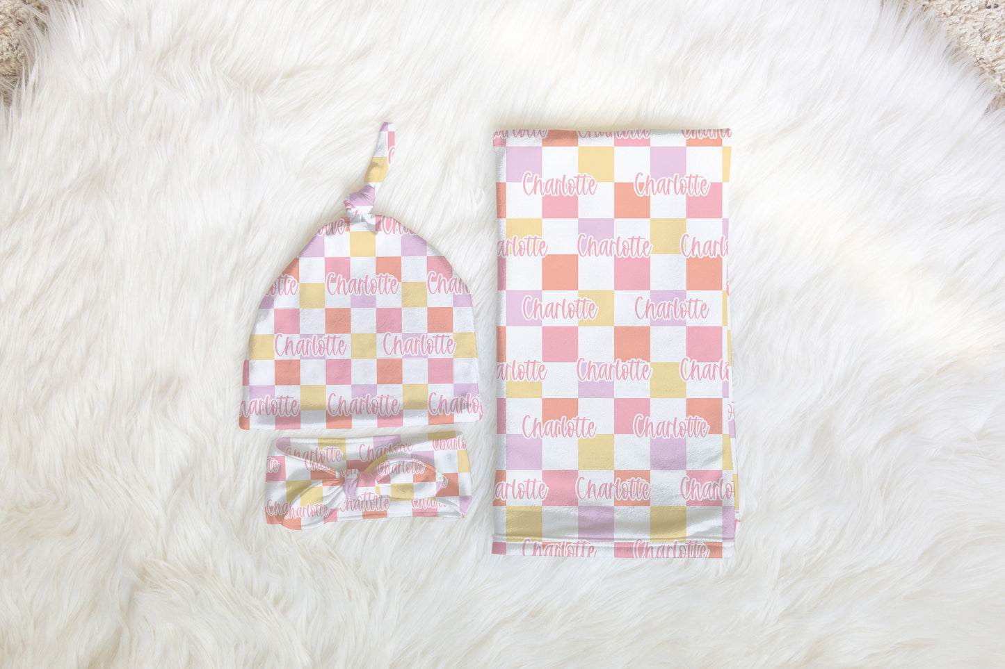 Personalized Pastel Checkered Baby Swaddle Hat Bow Set