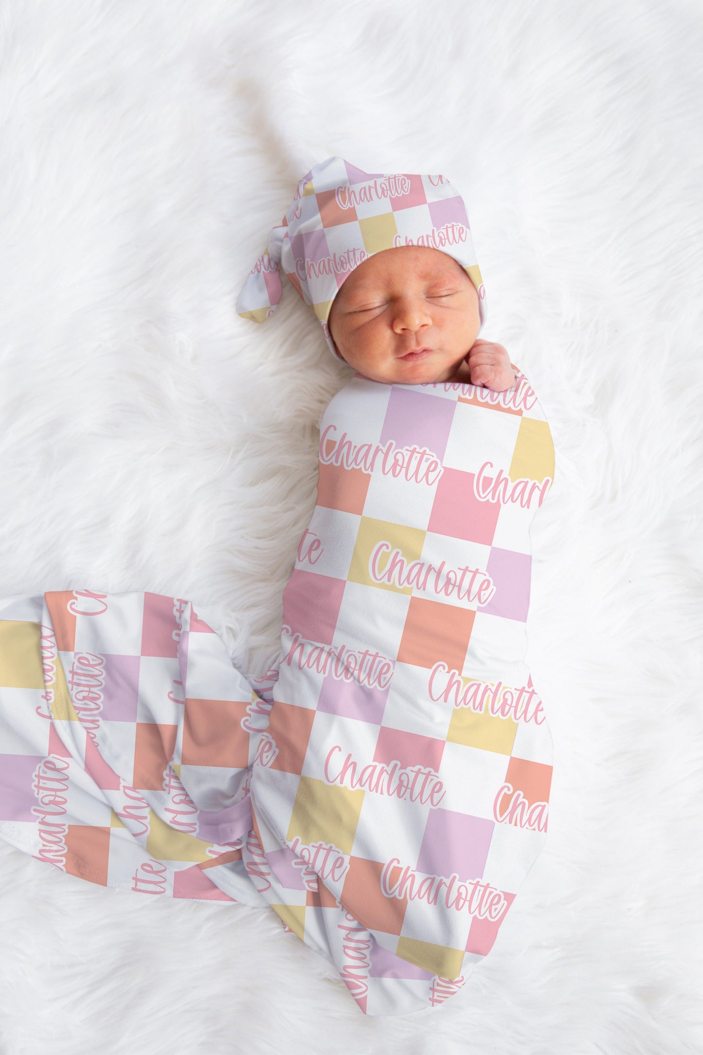 Personalized Pastel Checkered Baby Swaddle Hat Bow Set