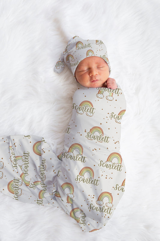 Personalized Swaddle Hat Set Rainbow Baby Blanket