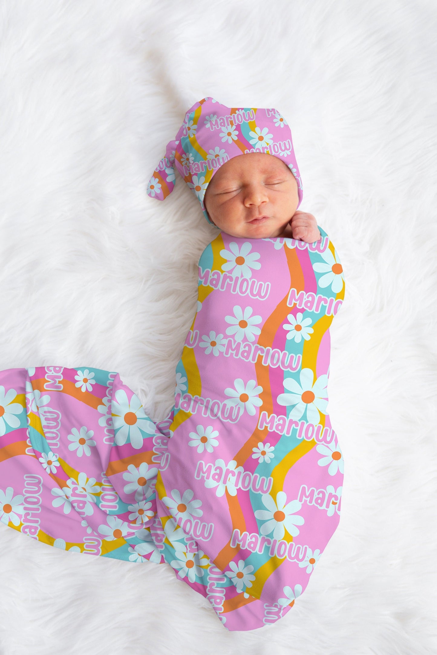 Personalized Groovy Floral Swaddle Bow or Hat Set