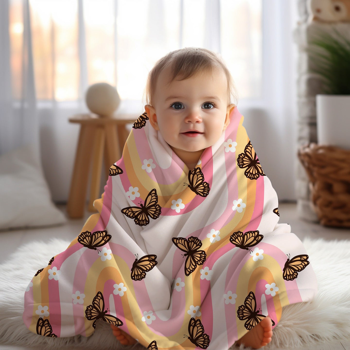 Personalized Pink Blanket groovy butterfly design, housewarming gift for her, butterfly lover gift, baby shower gift blanket