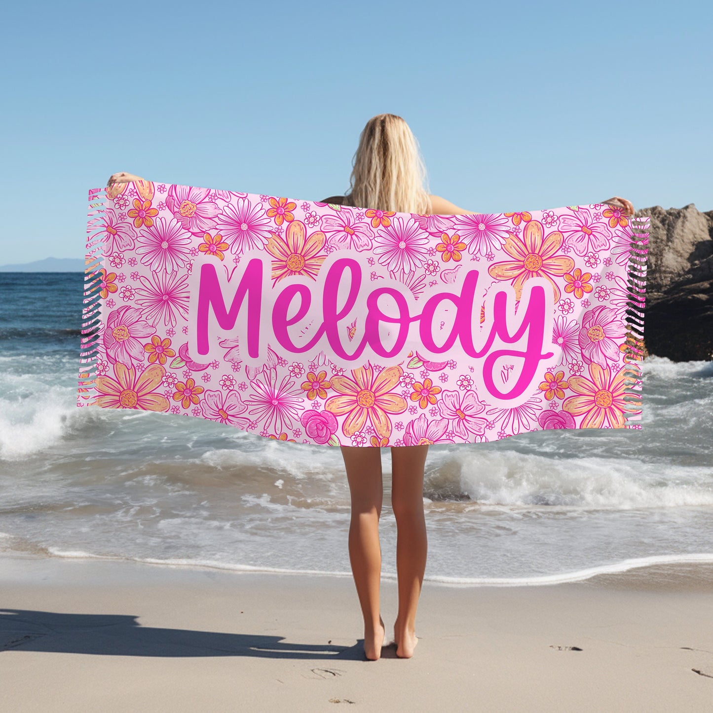 Personalized Pink Boho Floral Beach Towel