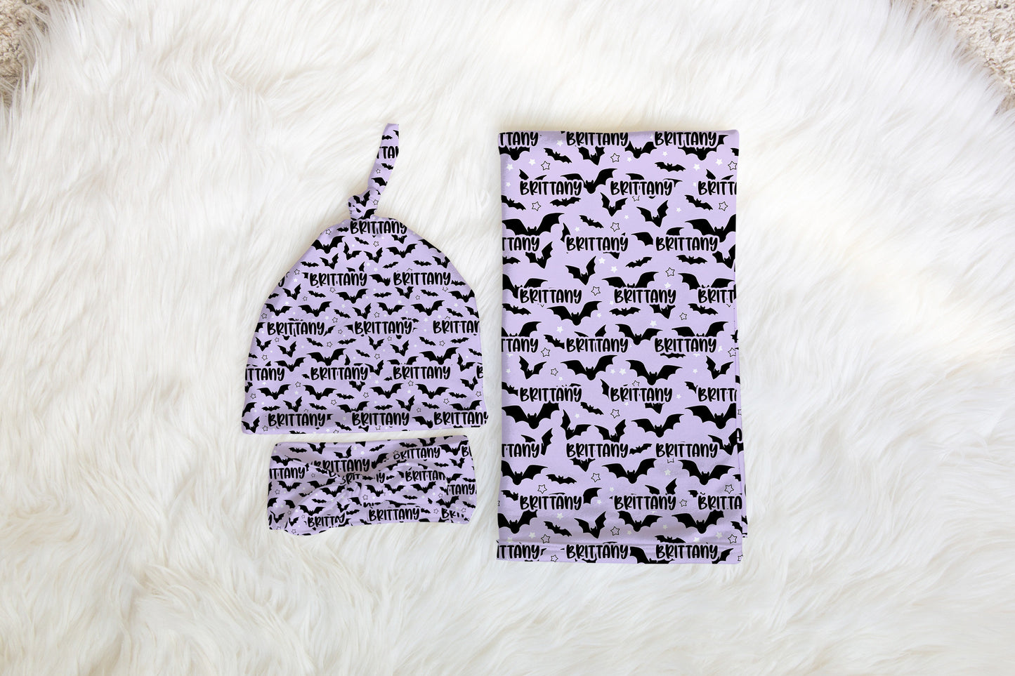 Personalized fall bats Newborn Swaddle Set, purple halloween Swaddle Bow Set, Fall Swaddle Hat set, Custom name Newborn announcement outfit
