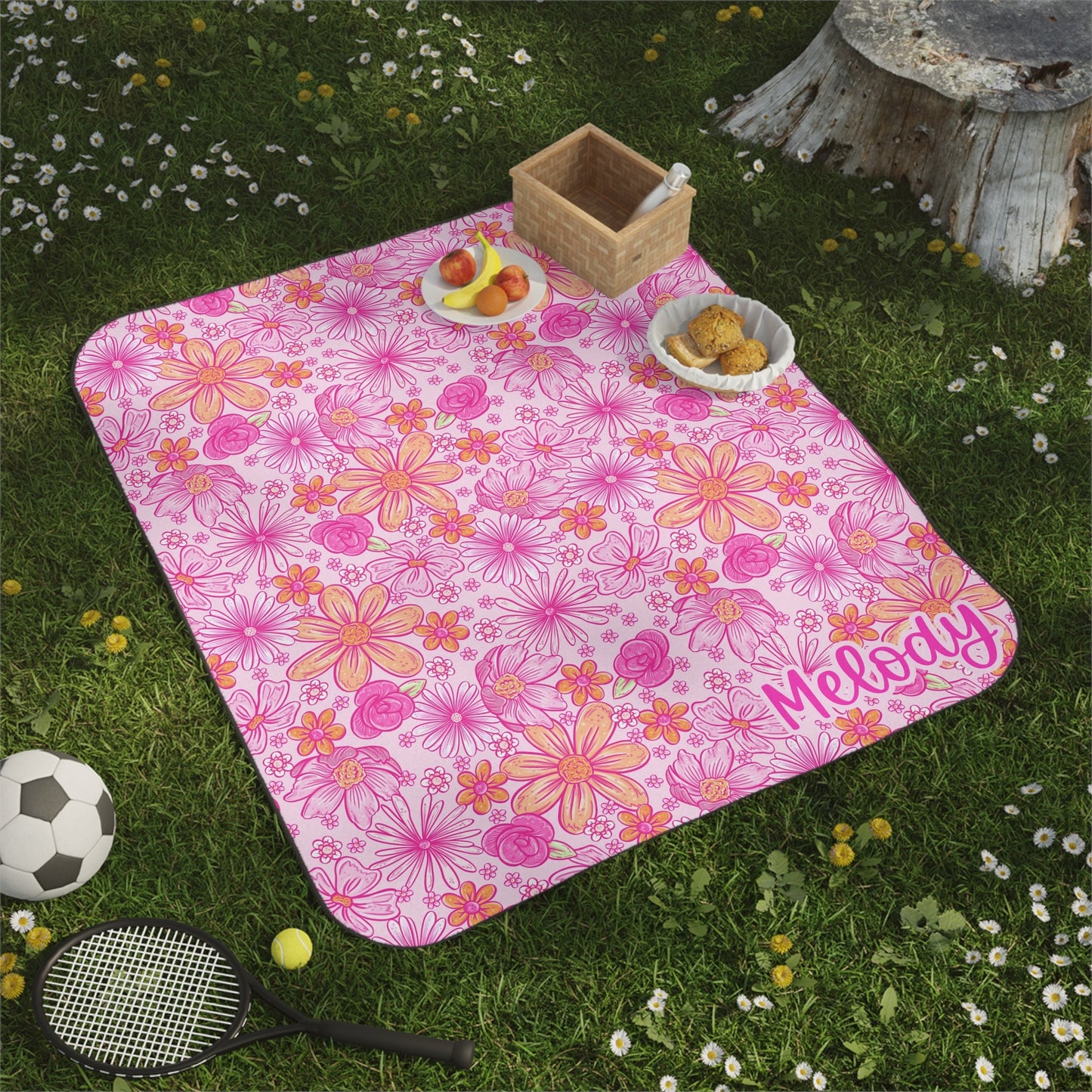 Personalized Pink Floral Picnic Blanket Waterproof