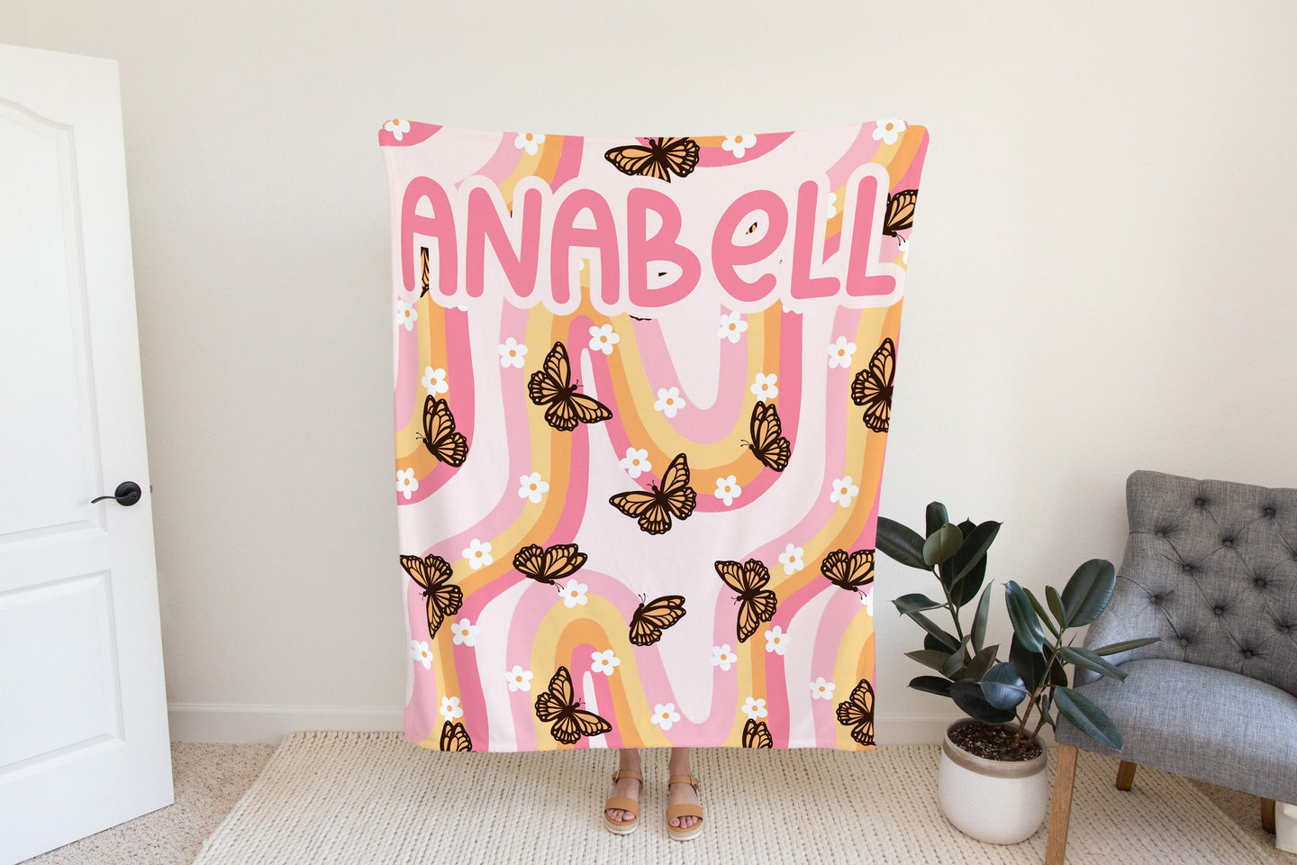 Personalized Pink Blanket groovy butterfly design, housewarming gift for her, butterfly lover gift, baby shower gift blanket