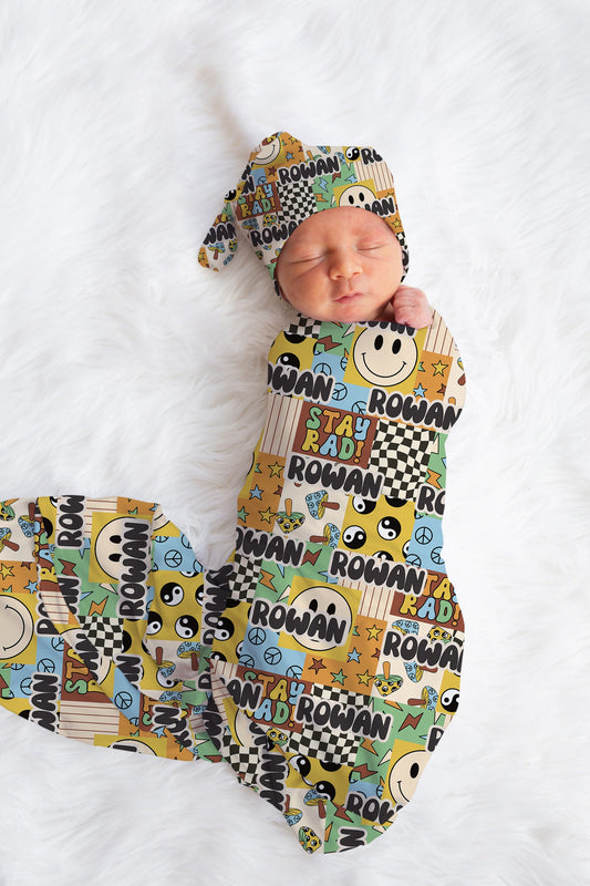 Personalized Baby Boy Swaddle Blanket Hat Set, smiley swaddle, hospital reveal outfit baby boy, baby shower gift, receiving blanket for boys