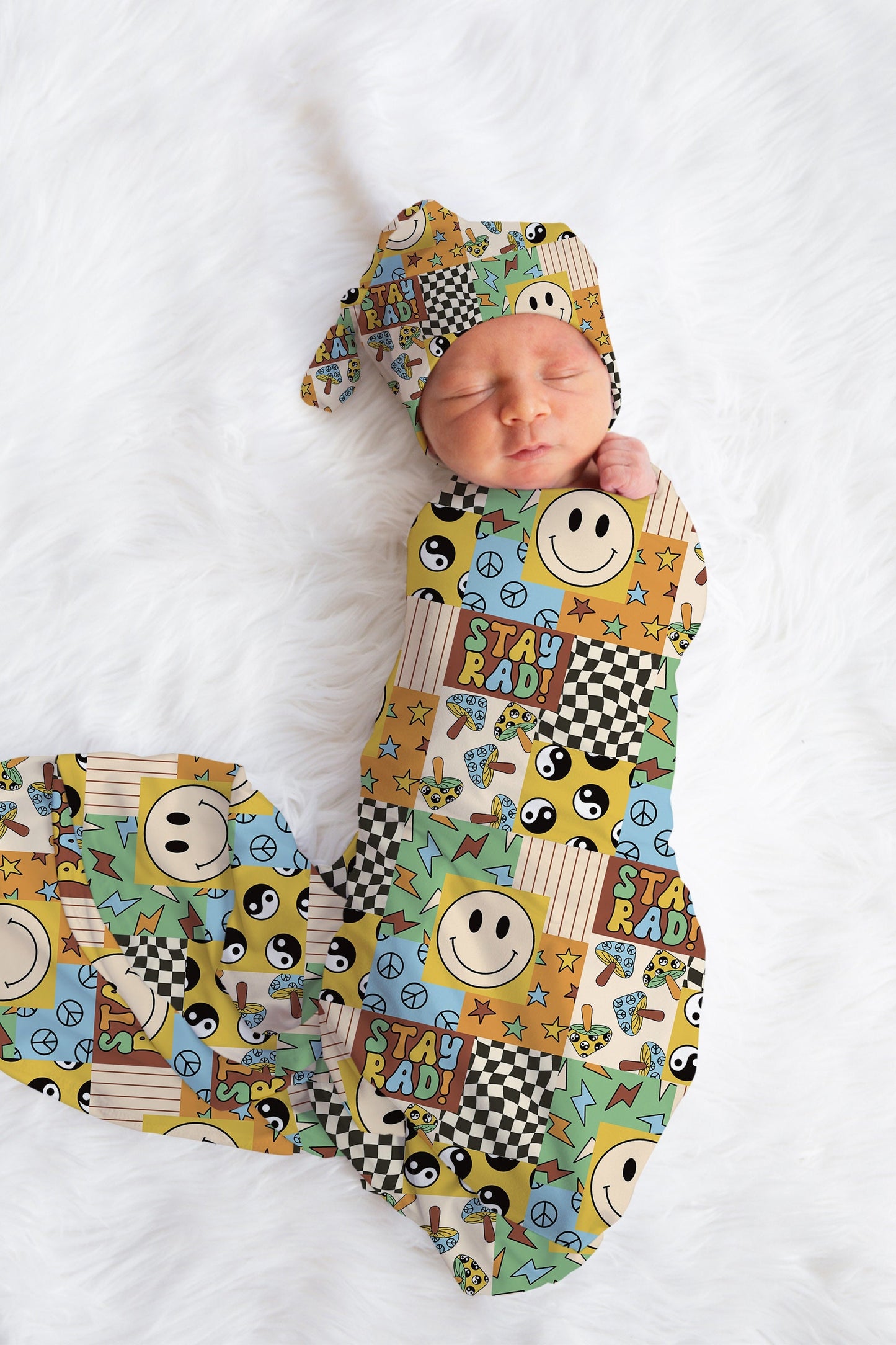 Baby Boy Swaddle Blanket Hat Set, smiley swaddle, retro hospital reveal outfit baby boy, baby shower gift, receiving blanket for boys