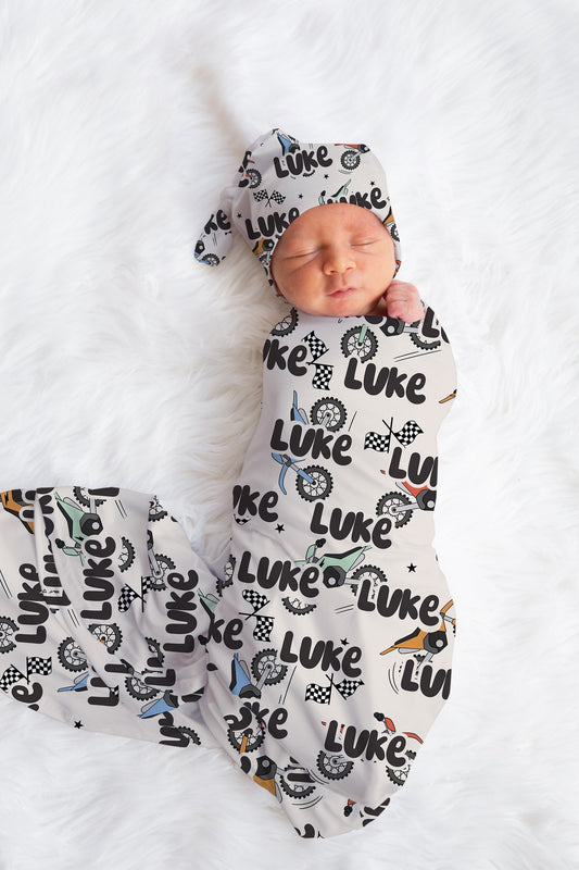 Personalized Baby Boy Swaddle Blanket Hat Set , dirt bike swaddle, hospital reveal outfit baby boy baby shower gift, receiving blanket boy