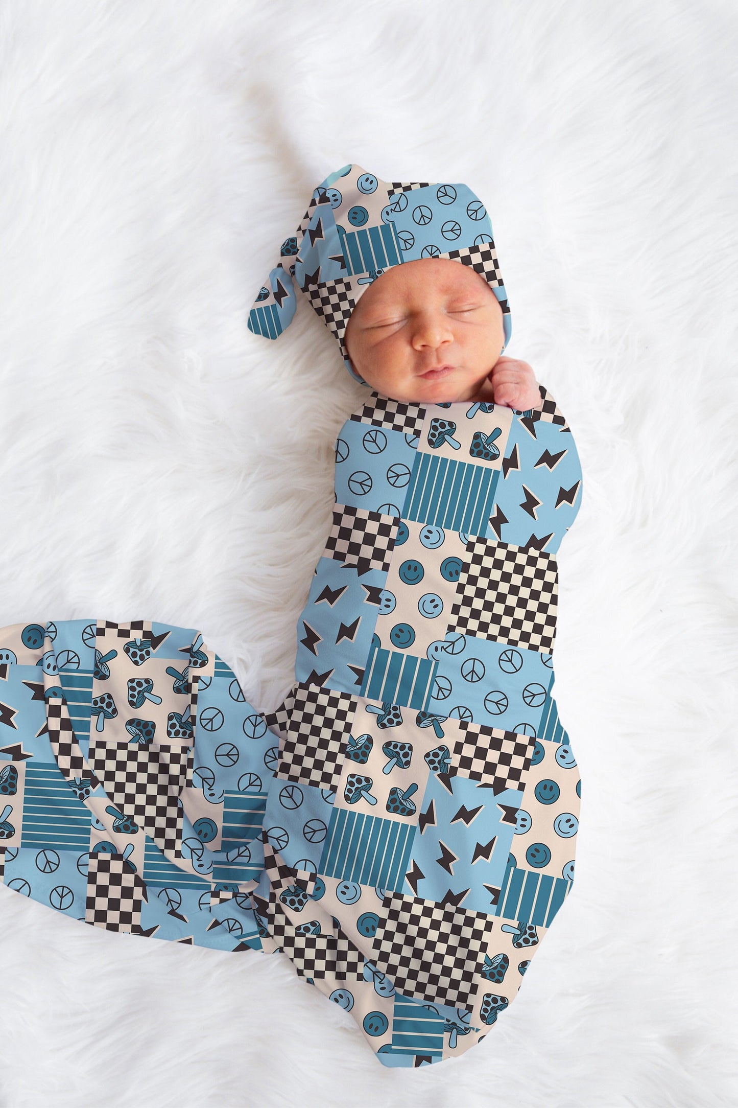 Patchwork Baby Boy Swaddle Blanket Hat Set, smiley swaddle, blue hospital reveal outfit baby boy baby shower gift, receiving blanket boys