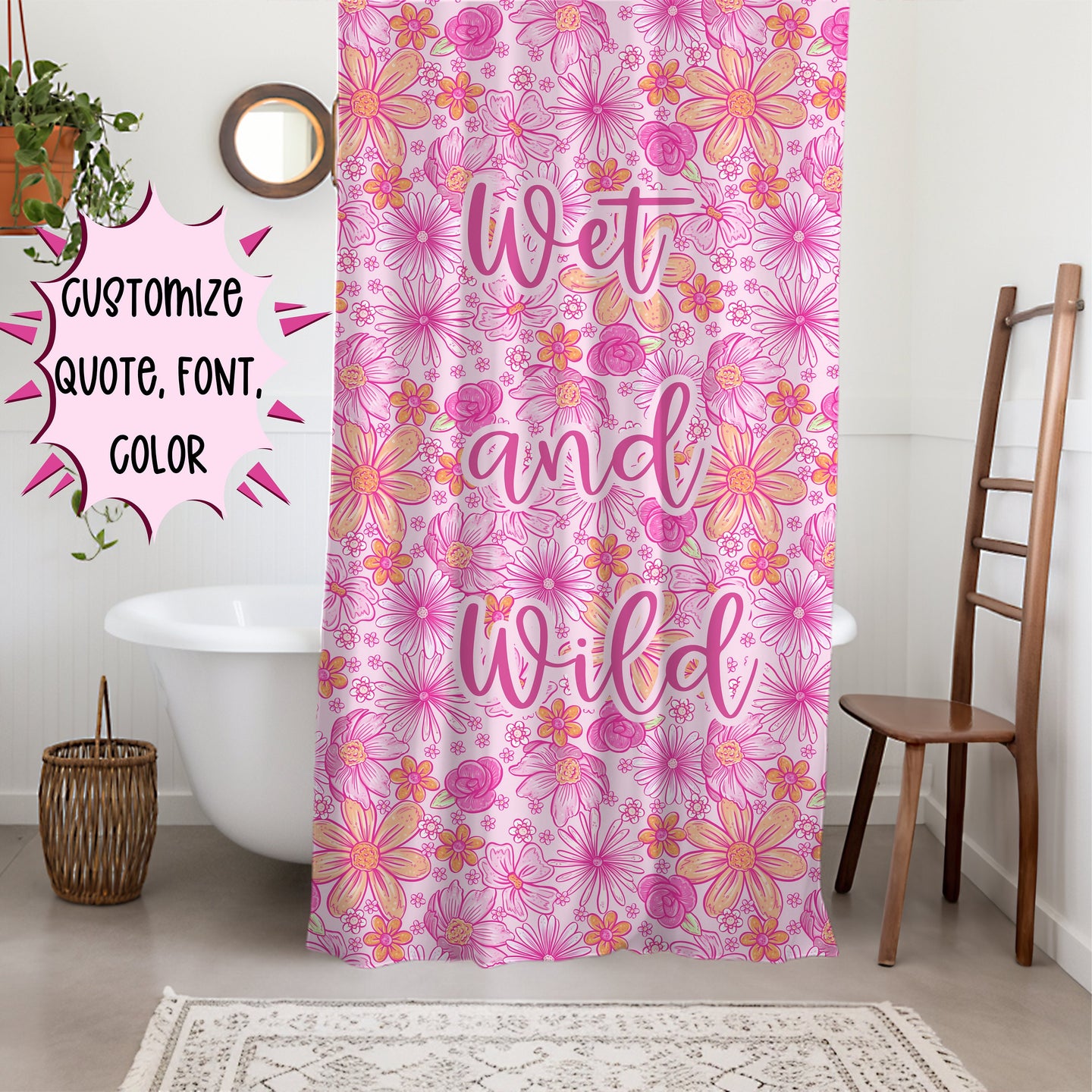 Pink Floral Boho Shower Curtain Personalized