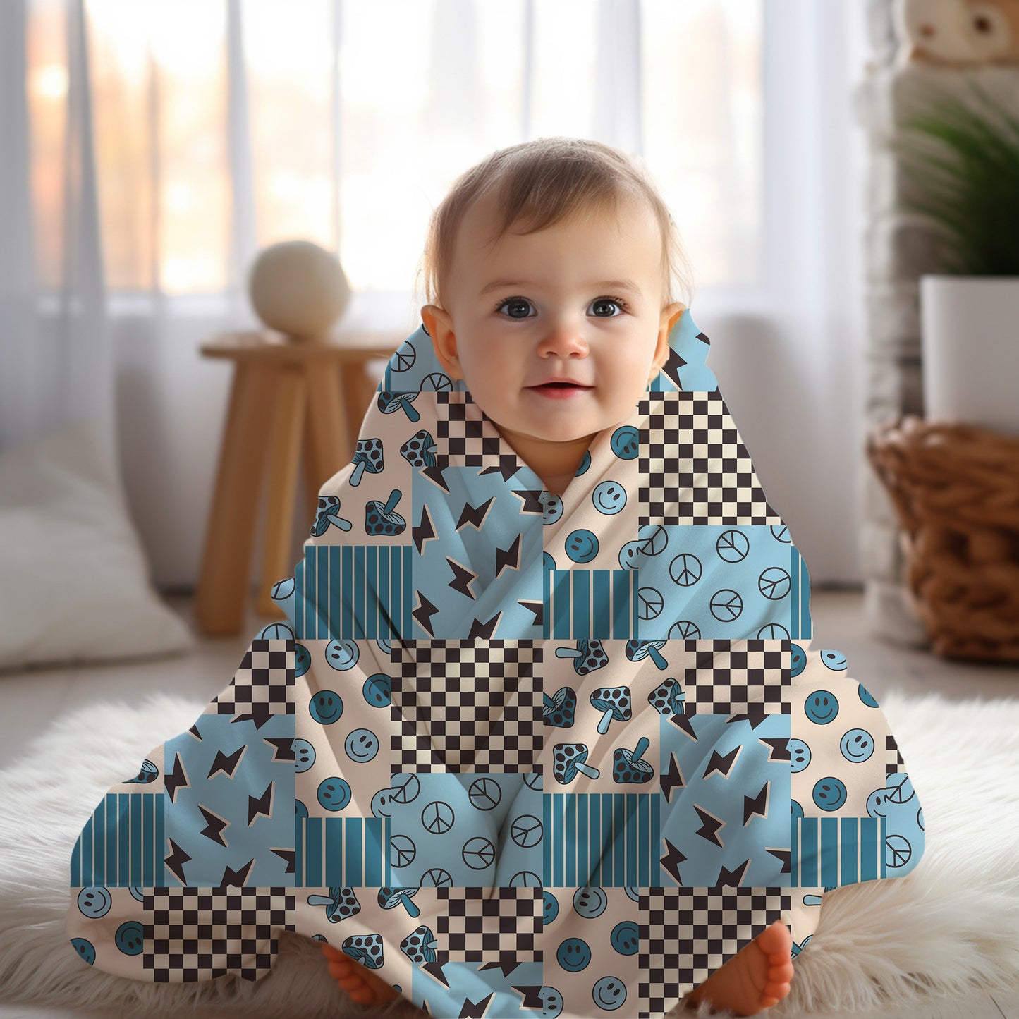 Personalized blanket for boys, Smiley face blanket, checkered throw, birthday gift for him, custom name baby blanket, baby shower gift