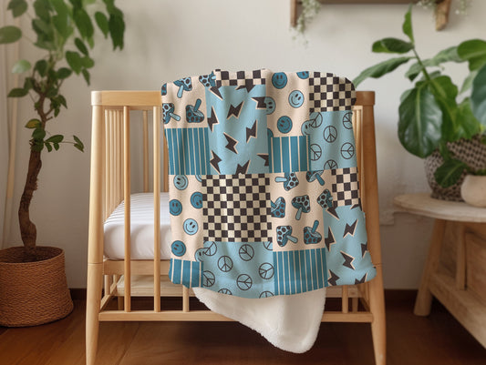 Personalized blanket for boys, Smiley face blanket, checkered throw, birthday gift for him, custom name baby blanket, baby shower gift