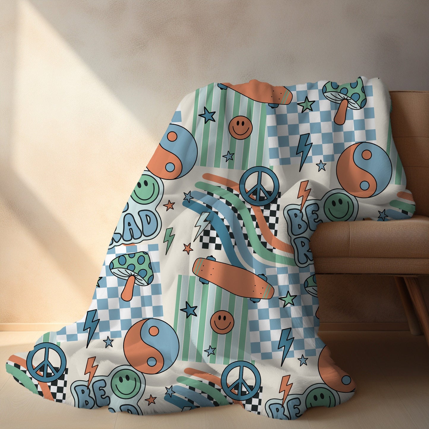 Personalized blanket for boys, Smiley face blanket, checkered throw, birthday gift for him, custom name baby blanket, baby shower gift