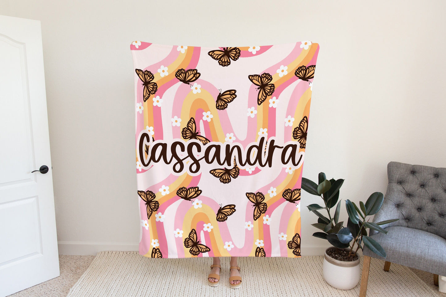Personalized Pink Blanket groovy butterfly design, housewarming gift for her, butterfly lover gift, baby shower gift blanket