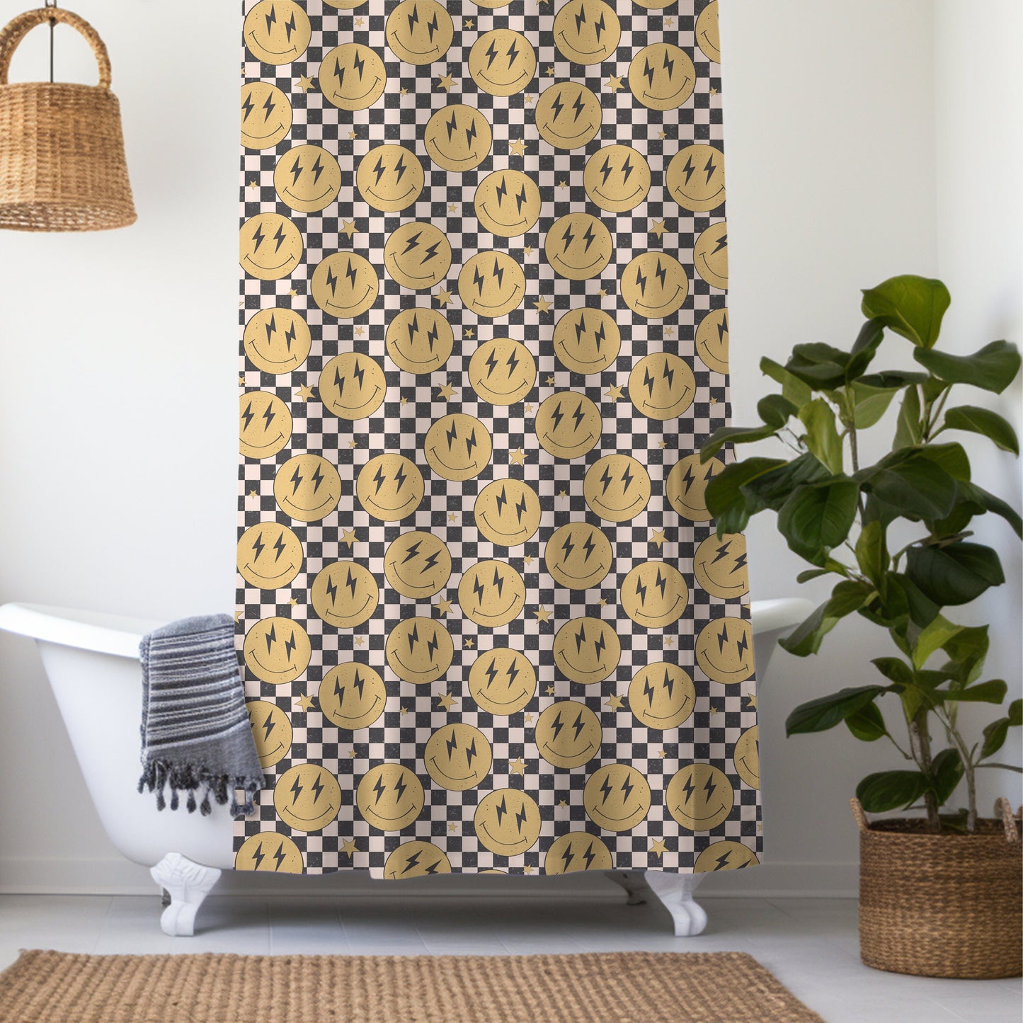 Smiley Face Shower Curtain Personalized boys, kids shower curtain retro, shower curtain boho, custom shower curtain, vintage shower curtain