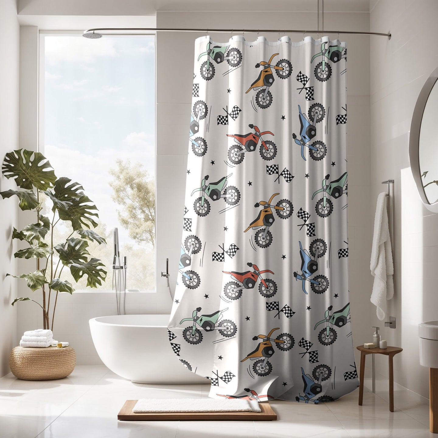 Shower Curtain Personalized boys, dirt bike kids shower curtain retro, custom shower curtain, kids bathroom decor boys