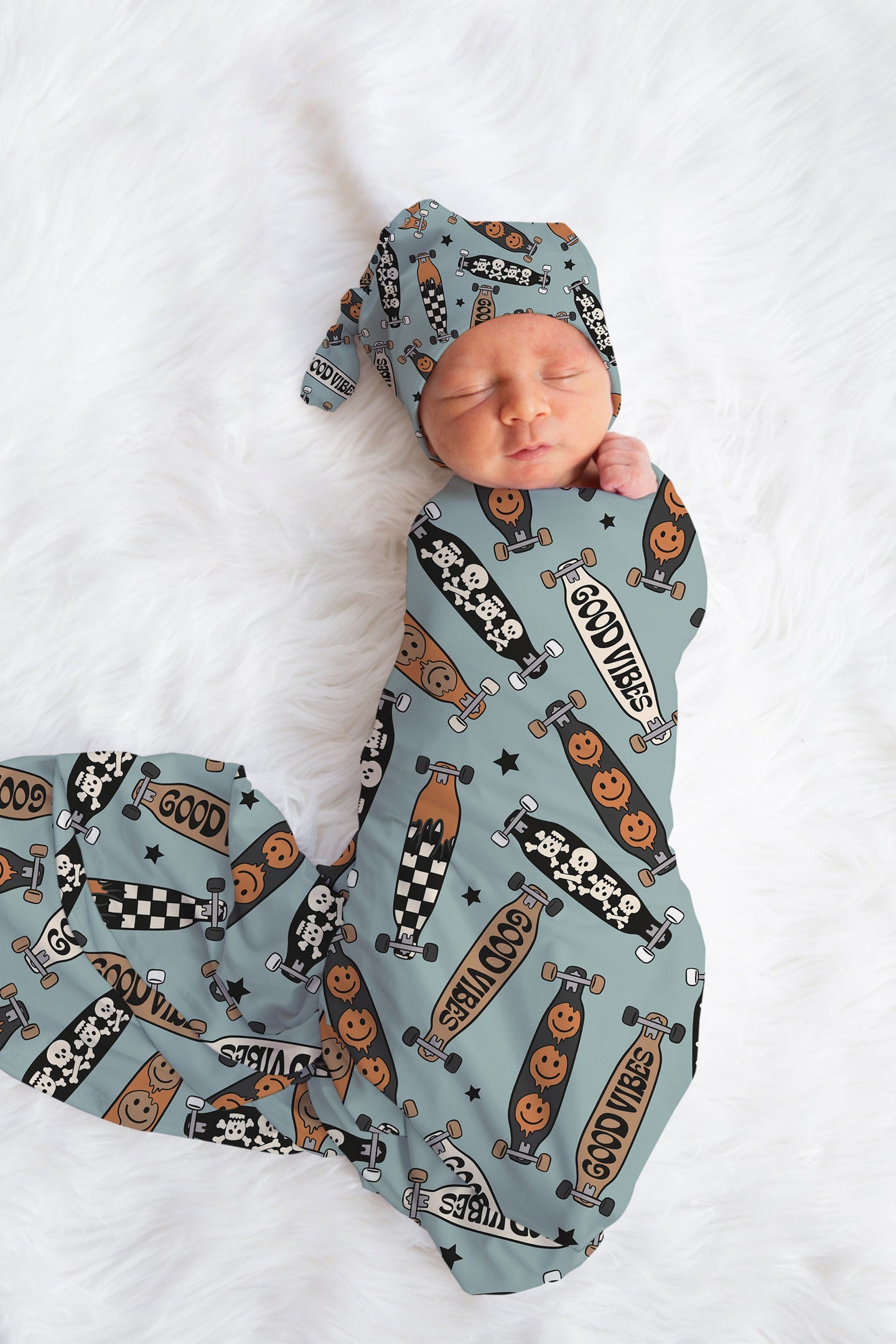 Personalized Baby Boy Swaddle Blanket Hat Set, skateboard swaddle, blue hospital reveal outfit baby boy baby shower gift receiving blanket