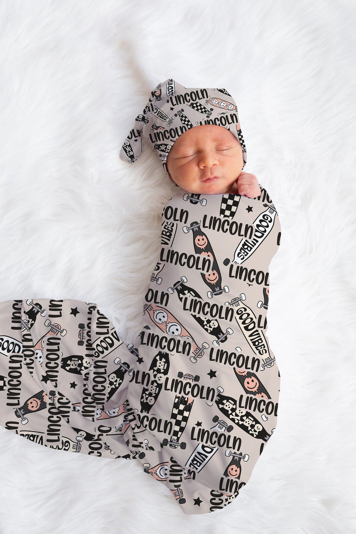 Personalized Boy Swaddle Hat Set Skateboard