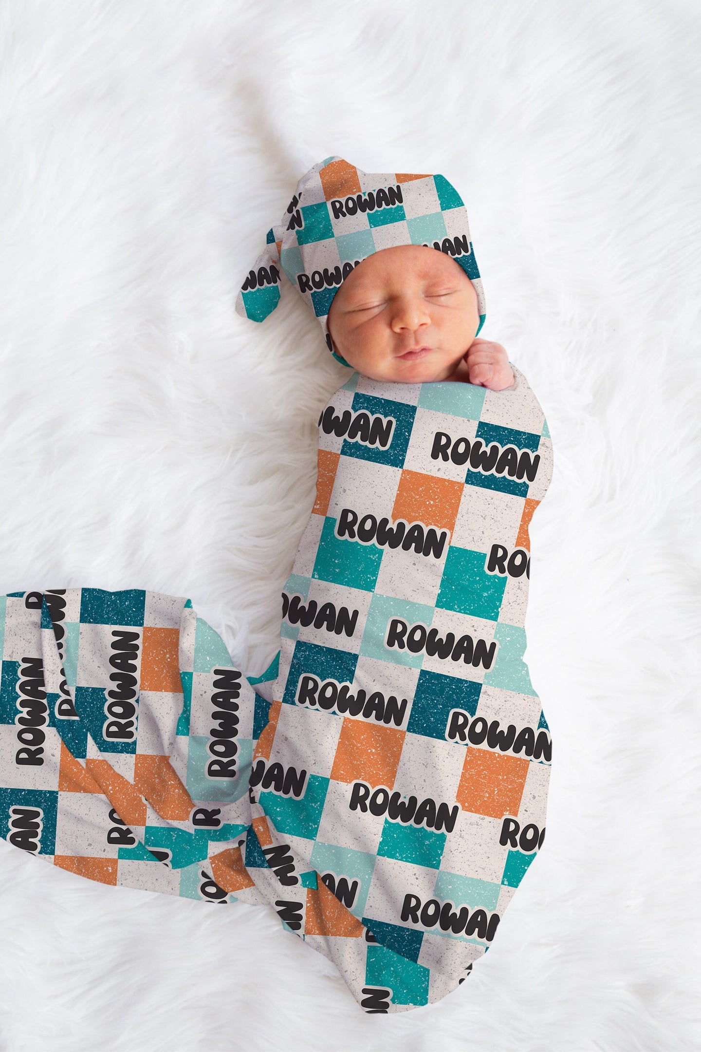 Personalized Boy Swaddle Hat Set Checkered