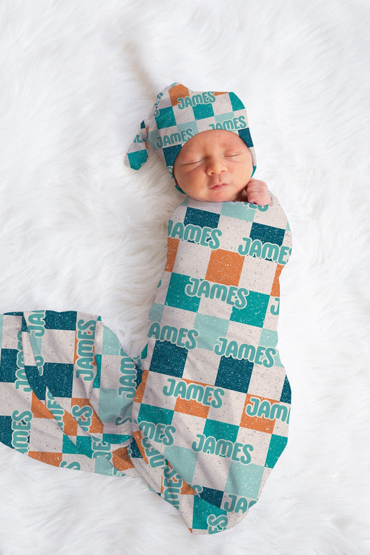 Personalized Boy Swaddle Hat Set Checkered