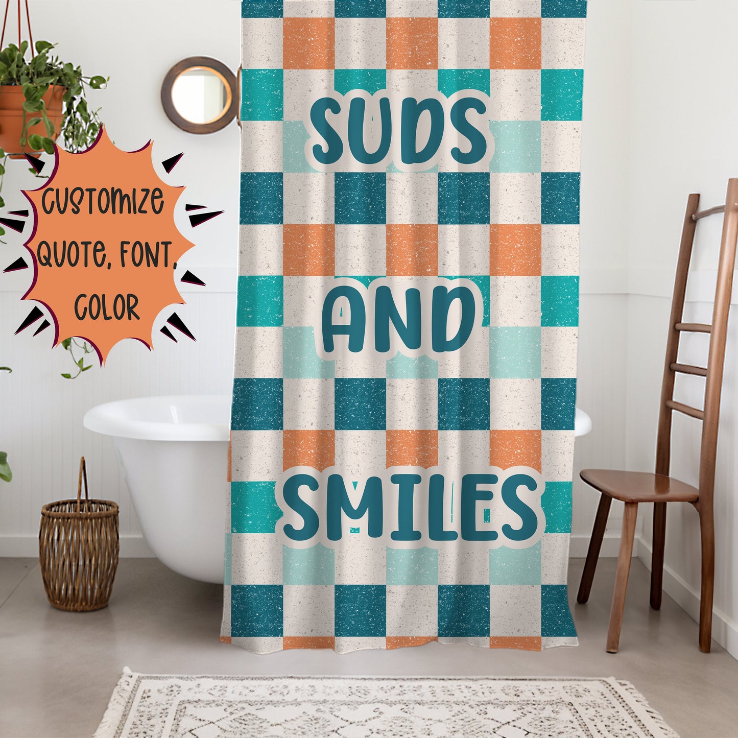 Checkered Shower Curtain Personalized boys, kids shower curtain retro, shower curtain boho, custom shower curtain, vintage shower curtain