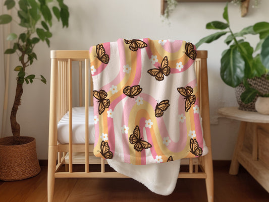 Personalized Pink Blanket groovy butterfly design, housewarming gift for her, butterfly lover gift, baby shower gift blanket