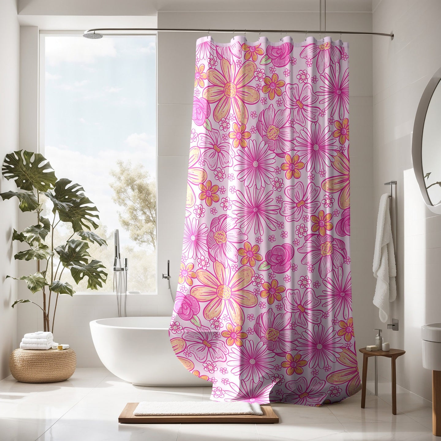 Pink Floral Boho Shower Curtain Personalized