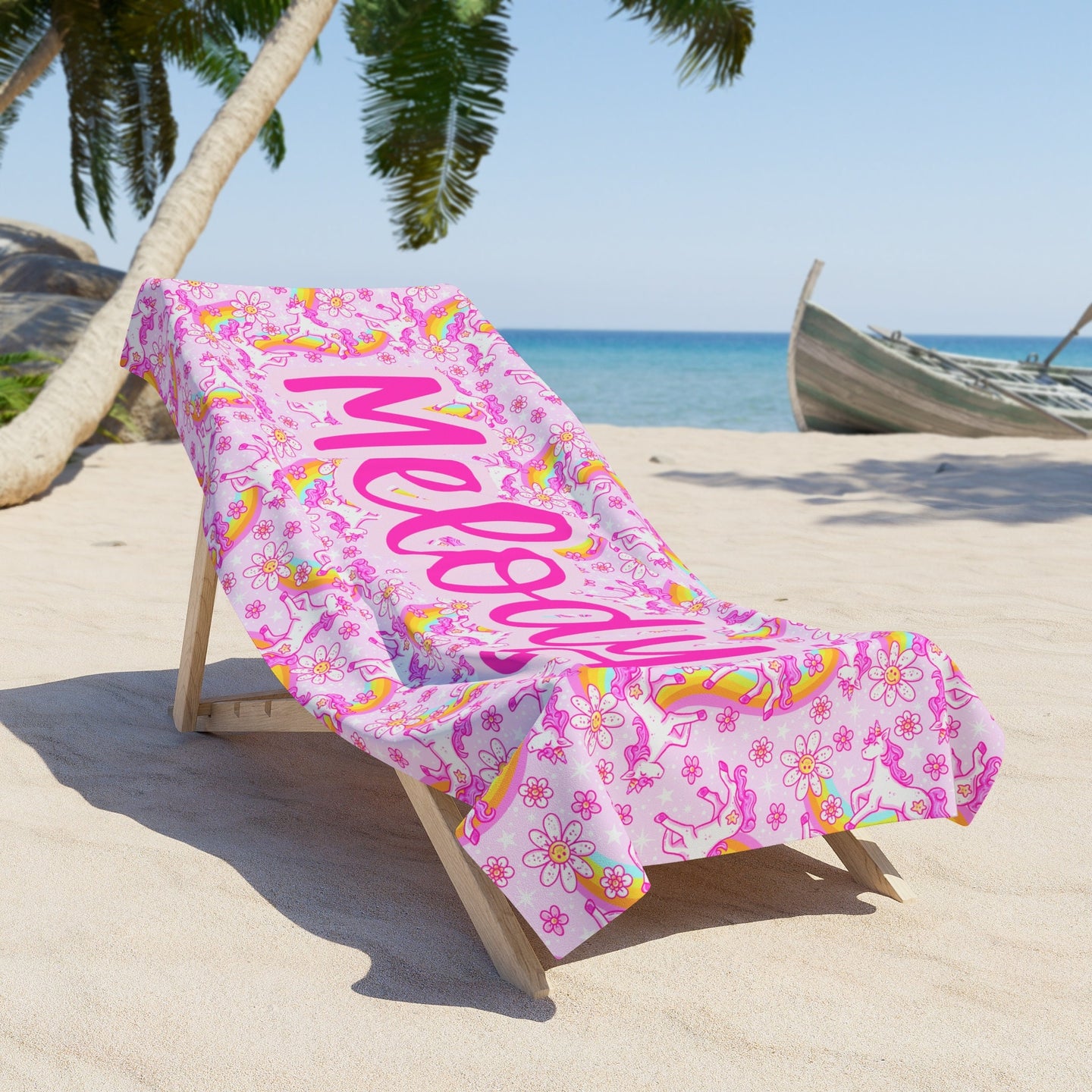 Personalized Name Beach Towel Pink Unicorn