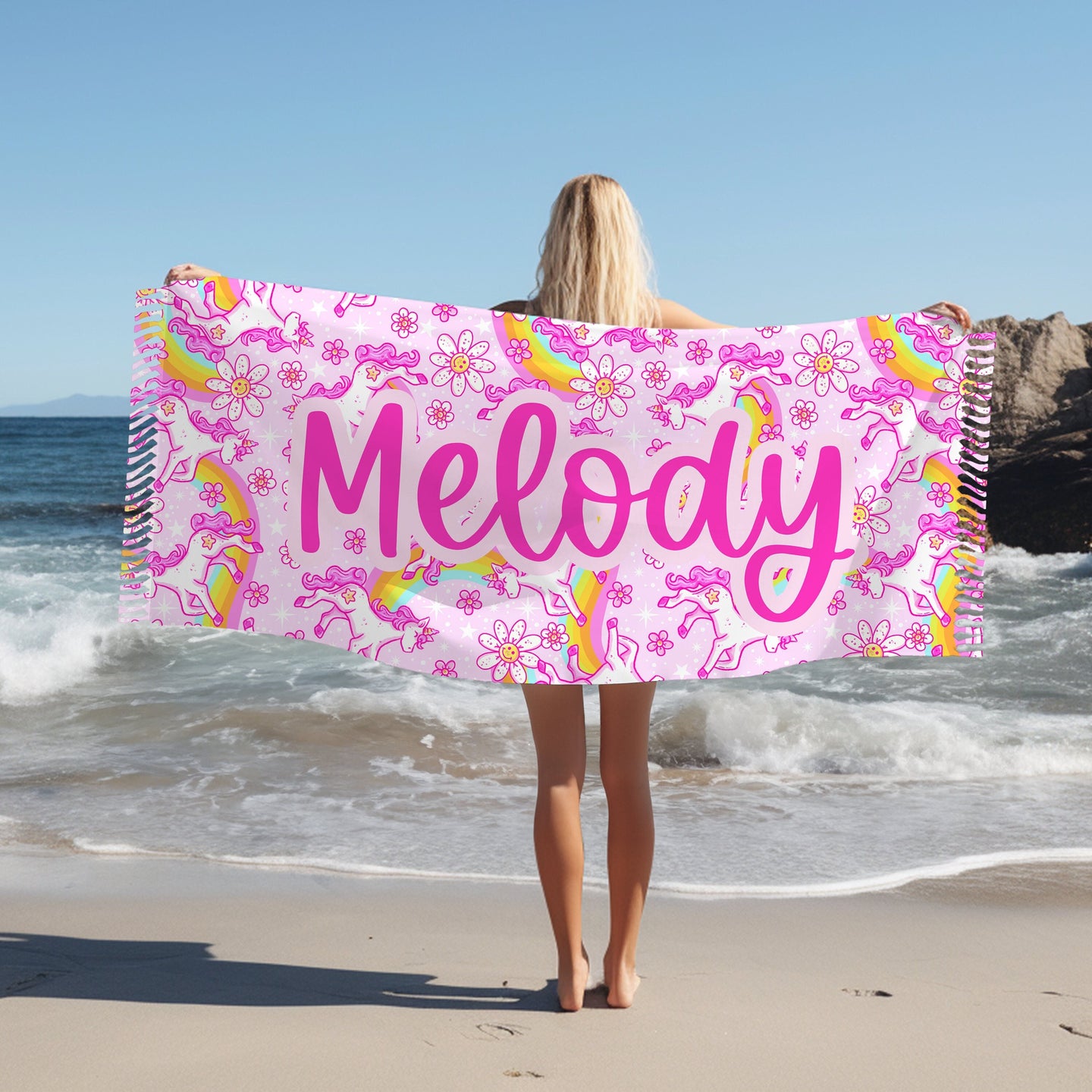 Personalized Name Beach Towel Pink Unicorn