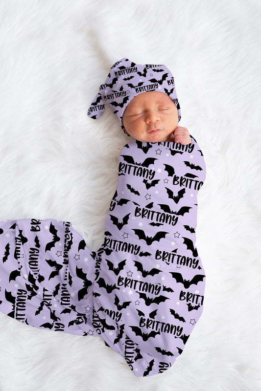 Personalized fall bats Newborn Swaddle Set, purple halloween Swaddle Bow Set, Fall Swaddle Hat set, Custom name Newborn announcement outfit