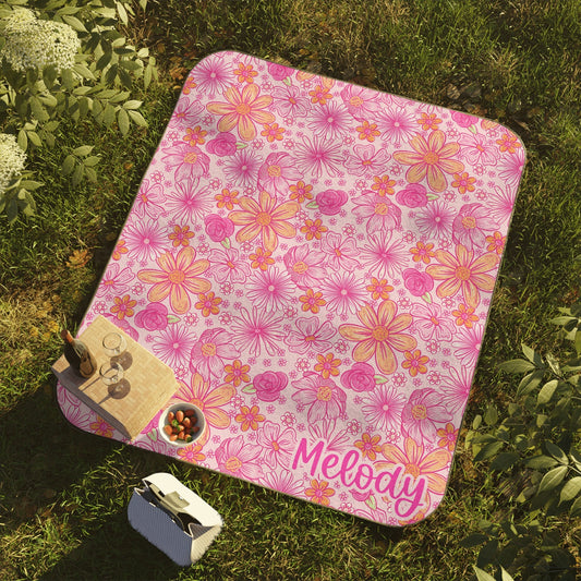 Personalized Pink Floral Picnic Blanket Waterproof